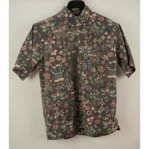 Vintage Reyn Spooner Half Button Geometric Hawaiian Shirt Men's Large Dark Gray